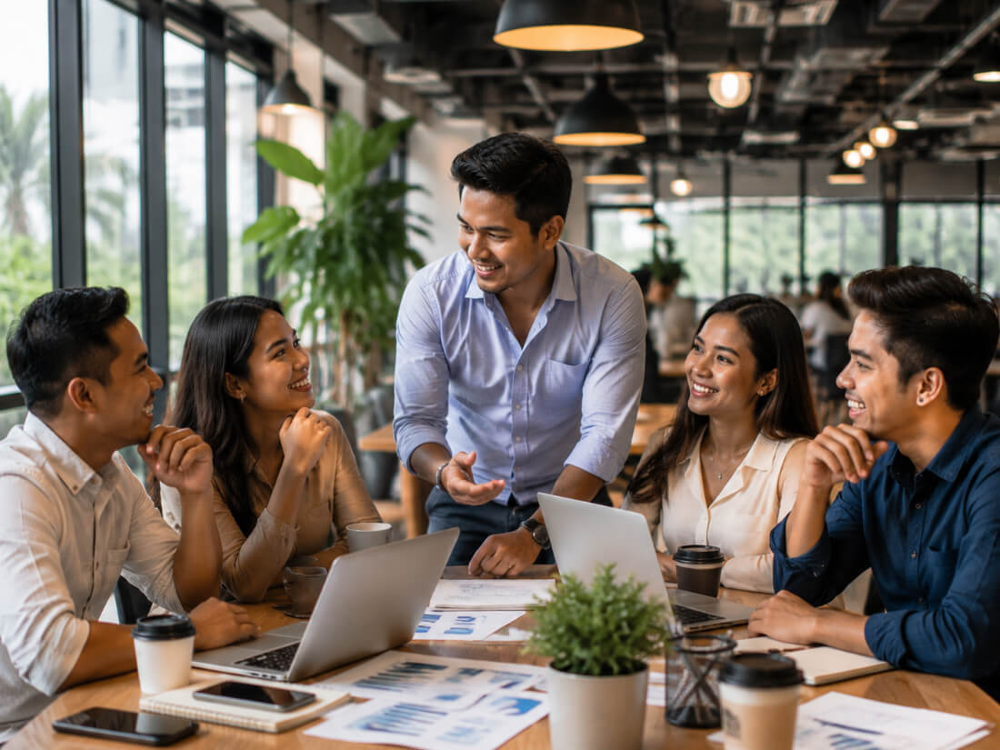 Professional team discussing financial services